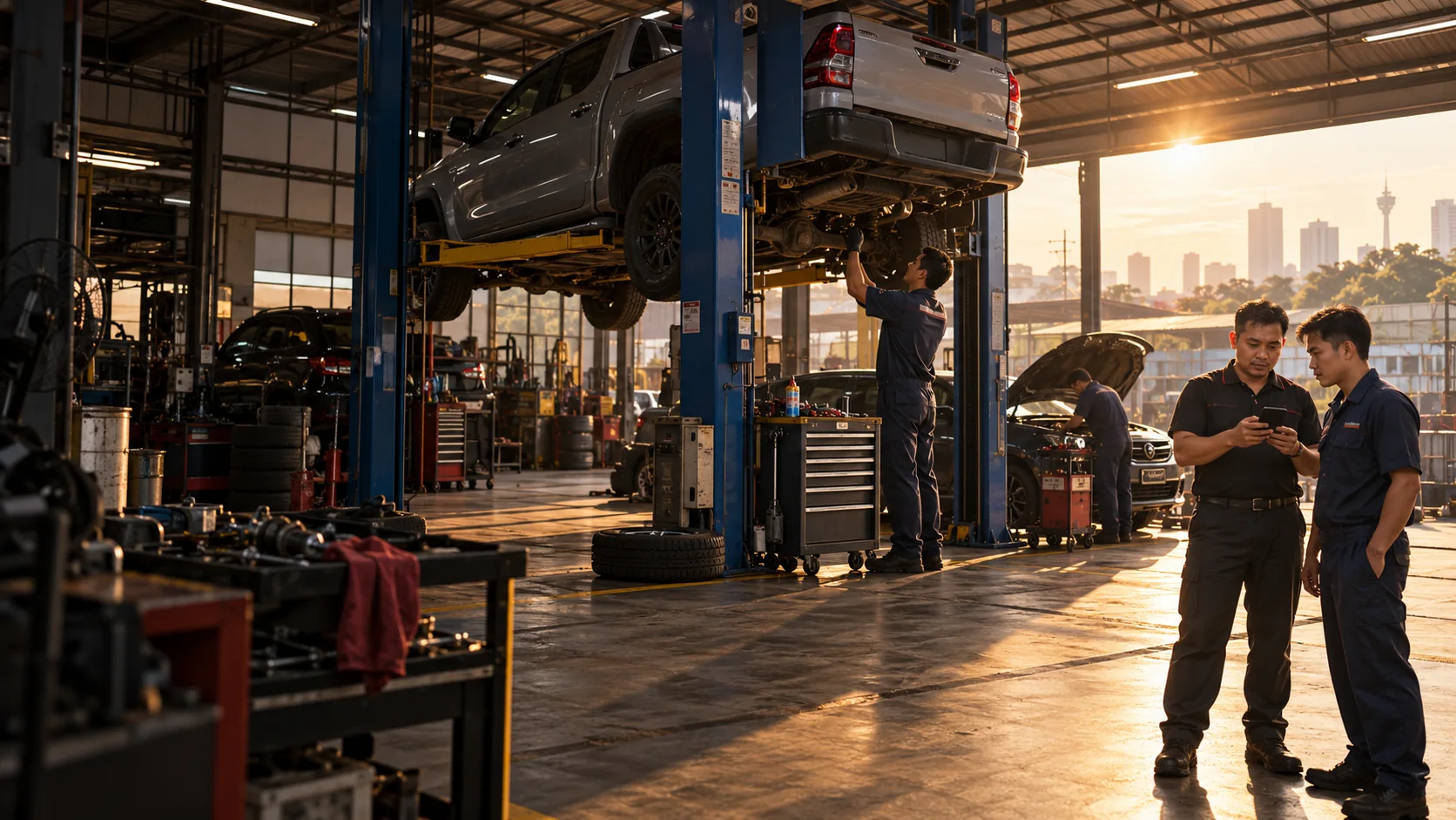 Mechanics working on a raised pickup while supervisors review workshop progress on a phone