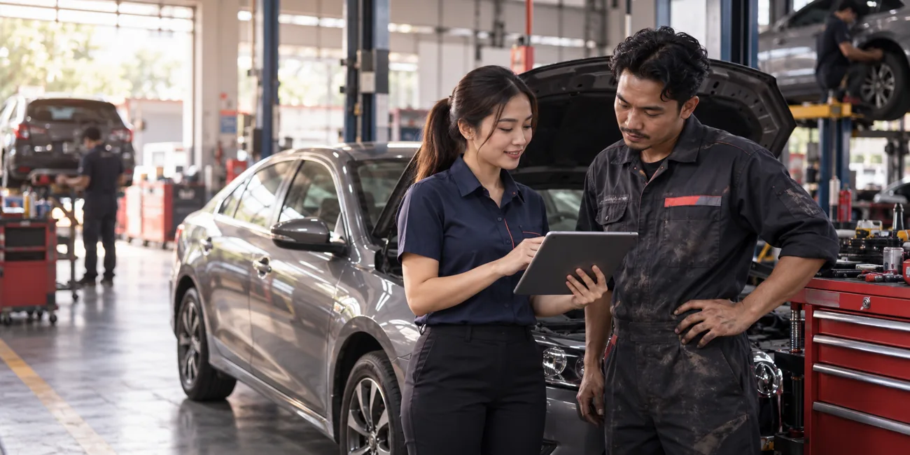 A Malaysian service advisor and mechanic reviewing a vehicle’s service history on a tablet